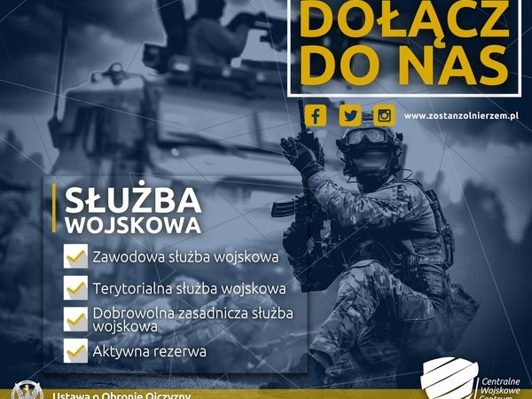 Plakat informujący o naborze, w tle szare zdjęcie żołnierzy i pojazdów wojskowych