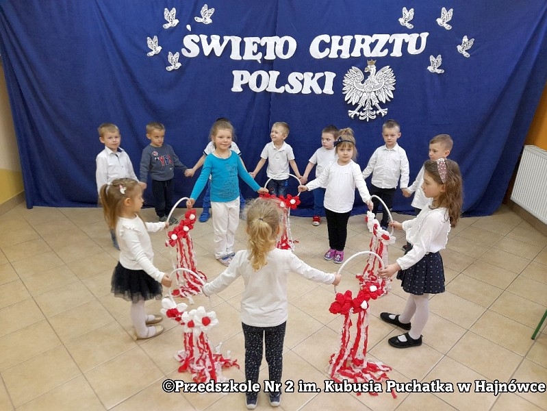 dzieci z poszczególnych grup przedszkolnych: „Sówki”, „Tygryski”, „Kangurki”, „Króliczki” i „Puchatki” biorące udział w Obchodach Święta Chrztu Polski.