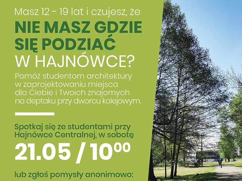 Plakat z mapą i zdjęciem terenu do zagospodarowania, oraz informacje o wydarzeniu.