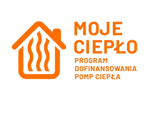 pomarańczowe logo- grafika domu i napis MOJE CIEPŁO