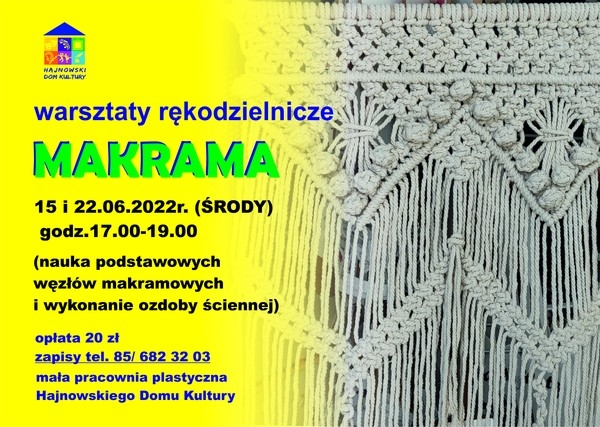 zdjecie makramy, a na żółtym lte logo organizatora i informacje o wydarzeniu