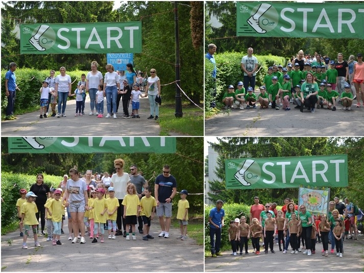 Dzieci ubrane na sportowo stoją na linii startu gotowe do biegu.