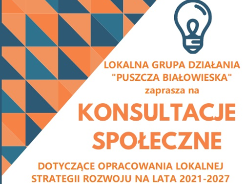 Plakat informujący o konsultacjach, w prawym górnym rogu grafika przedstawiająca niebieską żarówkę.