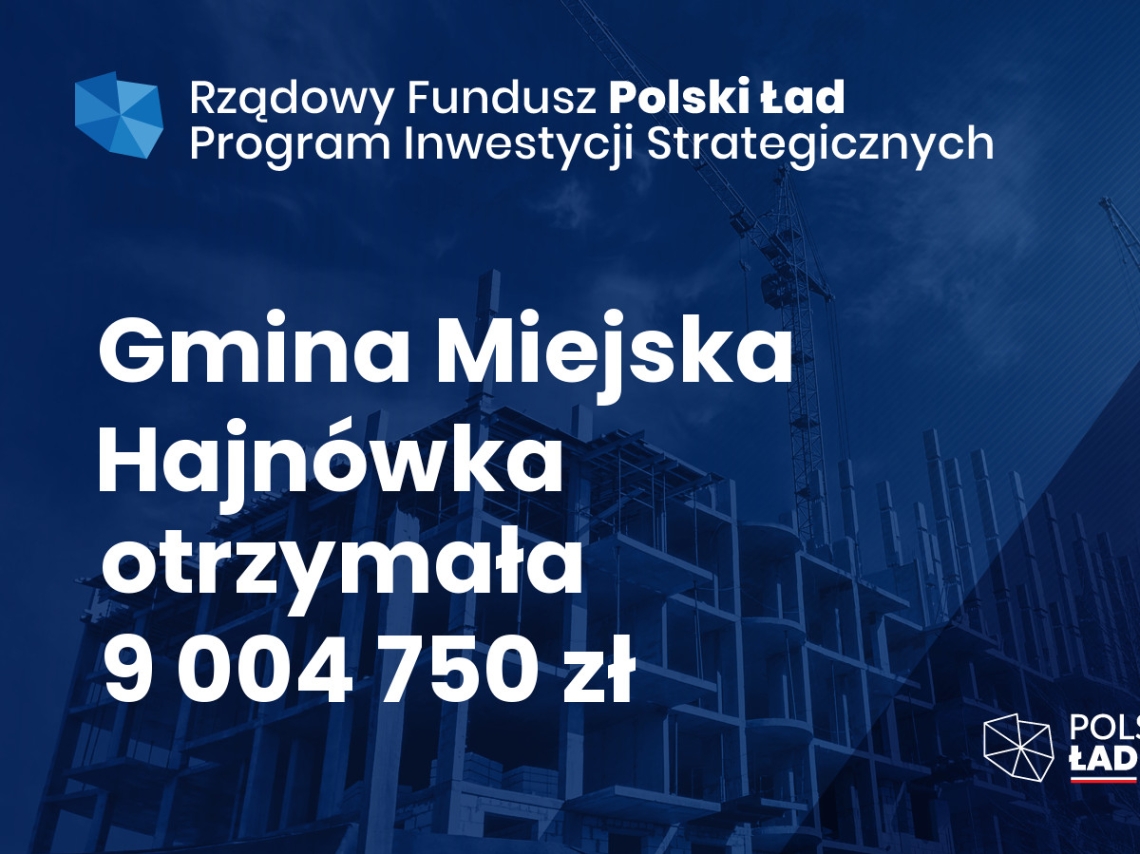 granatowy plakat informujący o otrzymanym przez gminę dofinansowaniu; zawiera wartość otrzymanych środków oraz nazwę programu Rządowy Fundusz Polski Ład: Program Inwestycji Strategicznych