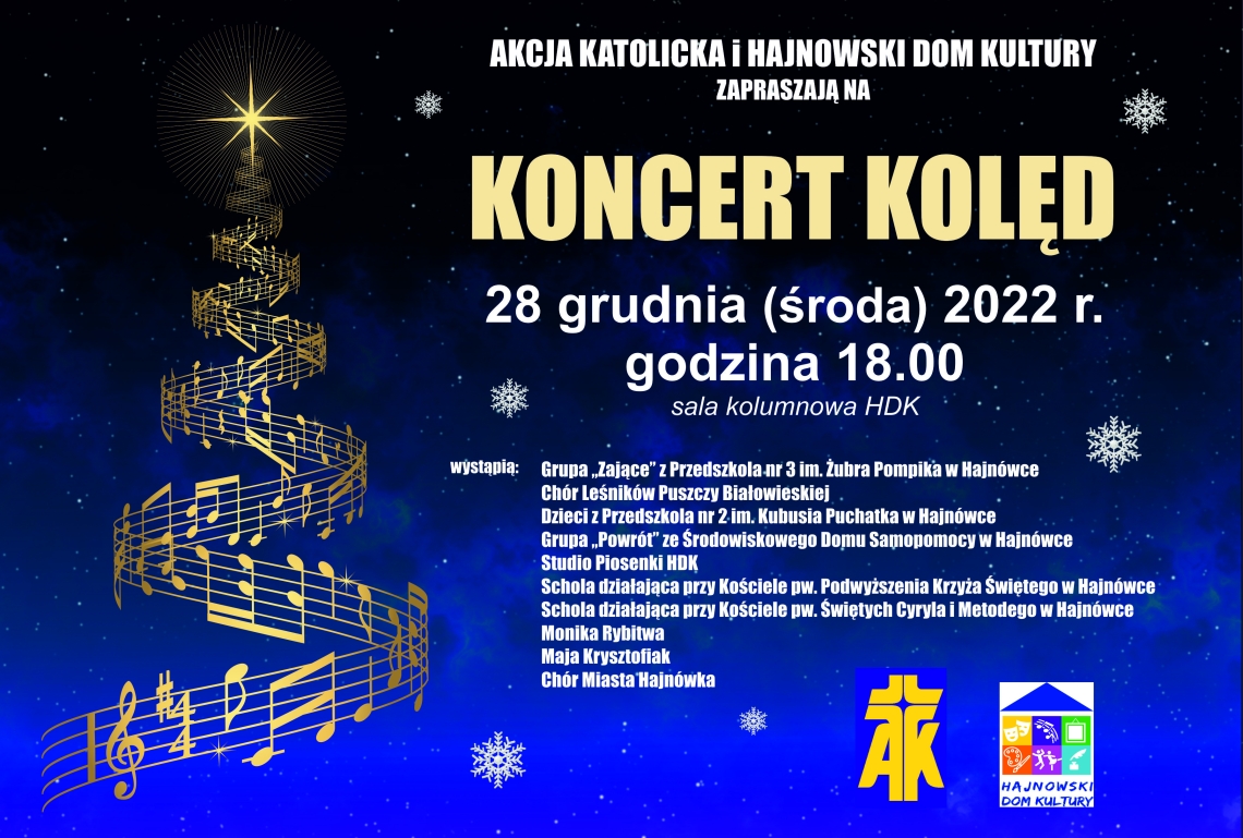 granatowy plakat z choinkązbudowana z nut, loga organizatorów oraz informacje o wydarzeniu