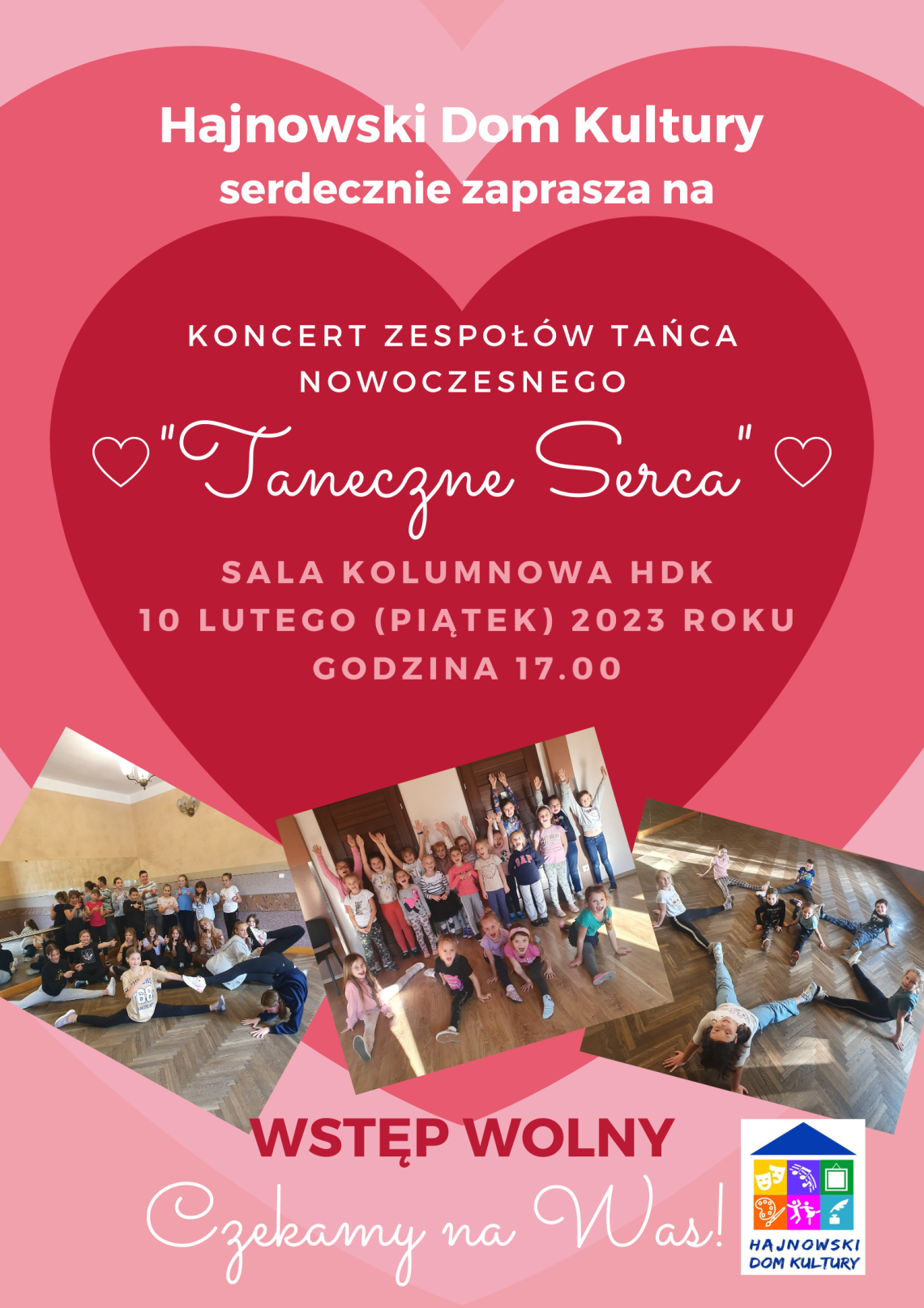 plakat z grafiką serca, trzy zdjęcia grup tanecznych, informacje o wydarzeniu i logo organizatora