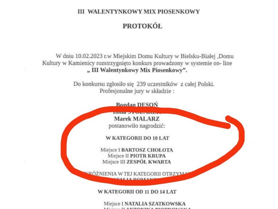 lista nagrodzonych w konkursie i zaznaczone czerwonym okręgiem hajnowskie wokalistki