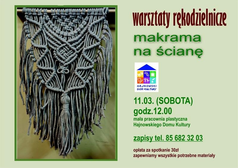 zdjecie makramy, oraz logo organizatora i informacje o warsztatach