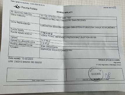 Zdjęcie przelewu kwoty z licytacji na rzecz WOŚP.