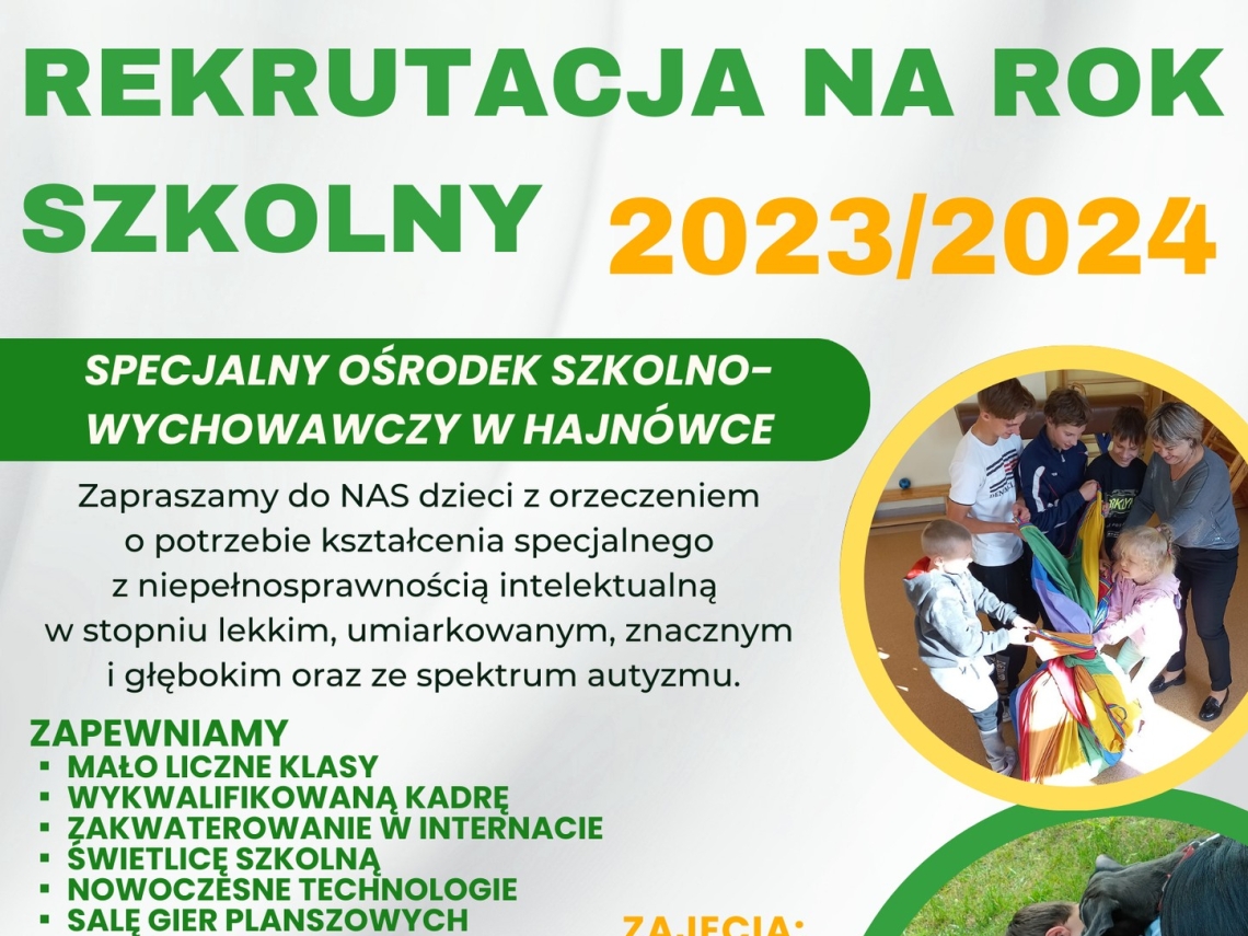 Plakat promujący rekrutację na rok szkolny 2023/2024. Na szarym tle zdjęcia z życia szkoły oraz informacje o ofercie edukacyjnej (opisana w artykule)