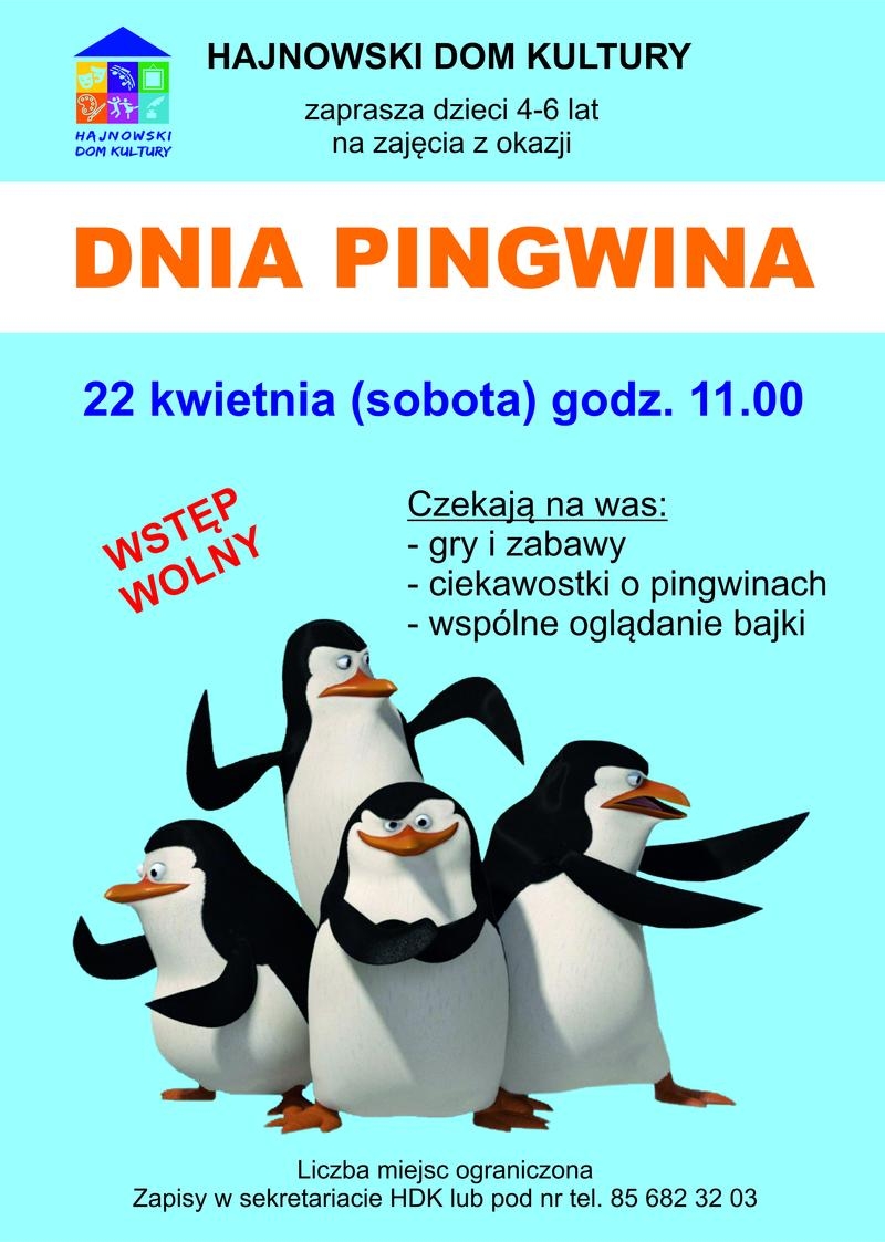 Grafika czterech pingwinów oraz logo organizatora i informacje o wydarzeniu