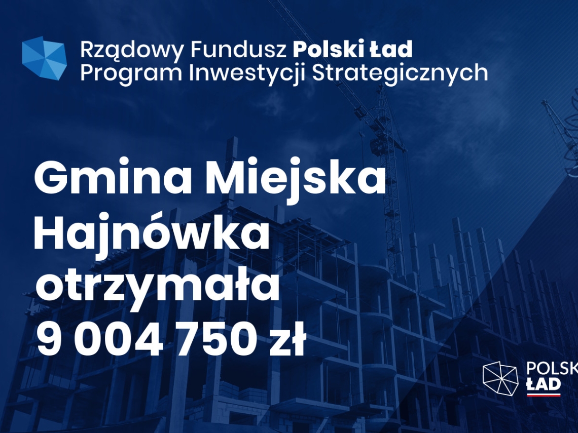 Grafika, na granatowym tle białe napisy Gmina Miejska Hajnowka otrzymała 9 004 750 zł, logotypy instytucji finansującej