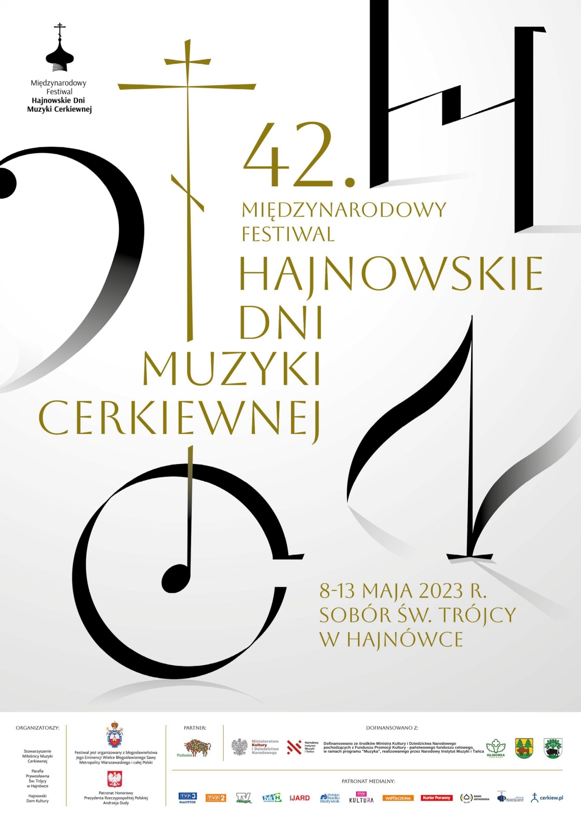 na białym tle czarna i zlota grafika: nuty i krzyż i tytuł wydarzenia