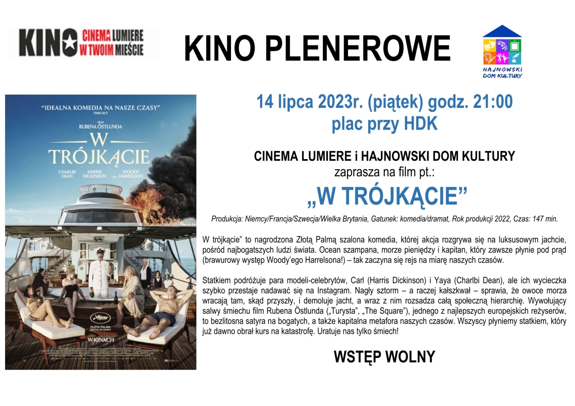 plakat wydararzena ze sceną jednego z filmów; po prawej stronie infomacje o repertuarze filmowym