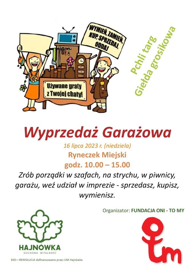 plakat wydarzenia w lewym górnym rogu grafika przedstawiająca rzeczy wystawione na wyprzedaży, poniżej informacje o wydarzeniu