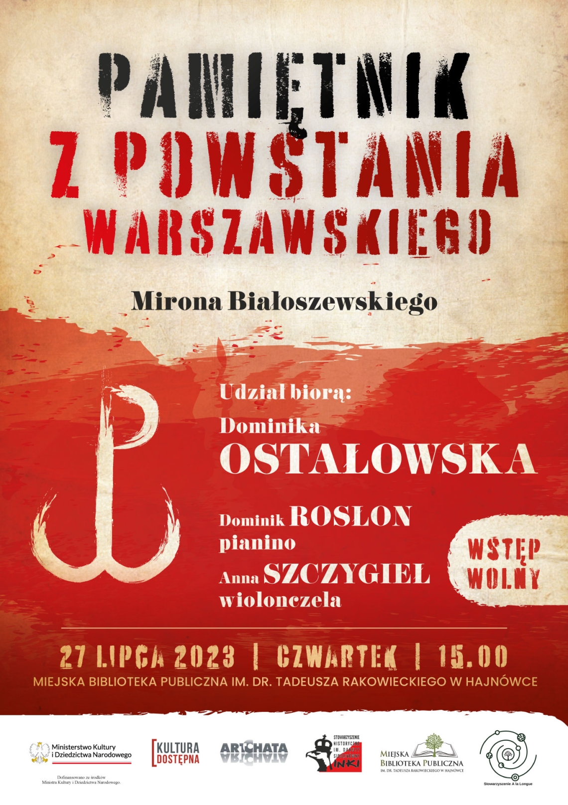 plakat wydarzenia w stylu retro, w dolej części na czerwonym tle znak Polski Walczącej i infomacje o wydarzeniu