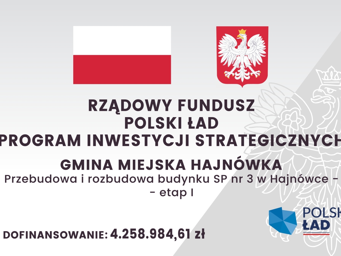 na jasnym szarym tle, w które wkomponowany jest znak orła, u góry flaga Polski i Godło, poniżej nazwa źródła dofinansowania, nazwa projektu i kwota dfinansowania, w prawym dolnym rogu logo Polskiego Ładu