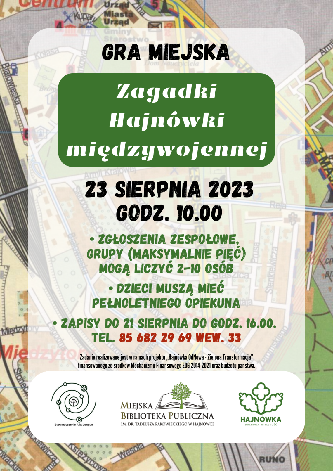 plakat, w tle mapa miasta a na niej na białym polu informacje o wydarzeniu