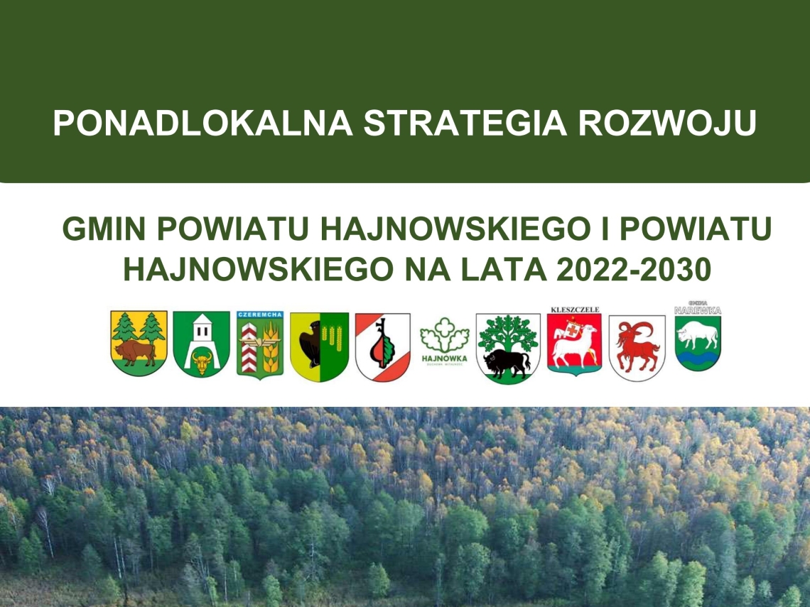 na zielonym tle nazwa doumentu logotypy gmin Powiatu Hajnowskiego oraz zdjęcie Puszczy Bialowieskiej z lotu ptaka