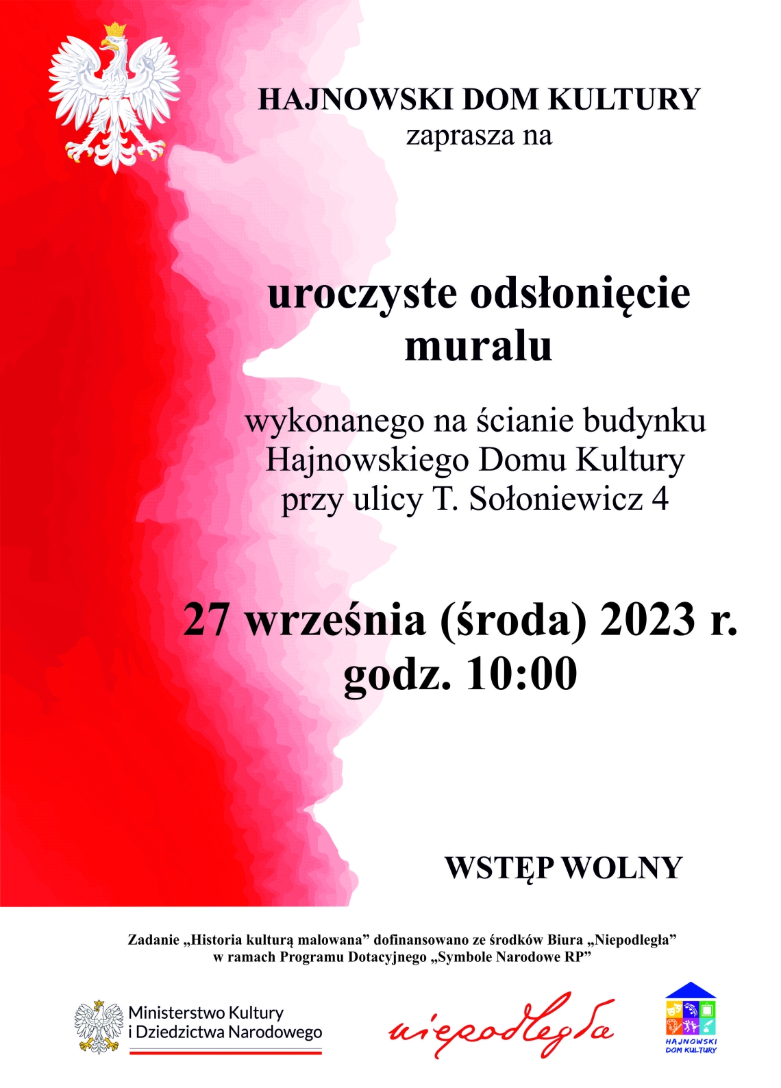 na tle w barwach narodowych informacja o wydarzeniu, w lewym górnym rogu godło Polski, u dołu logotypy 