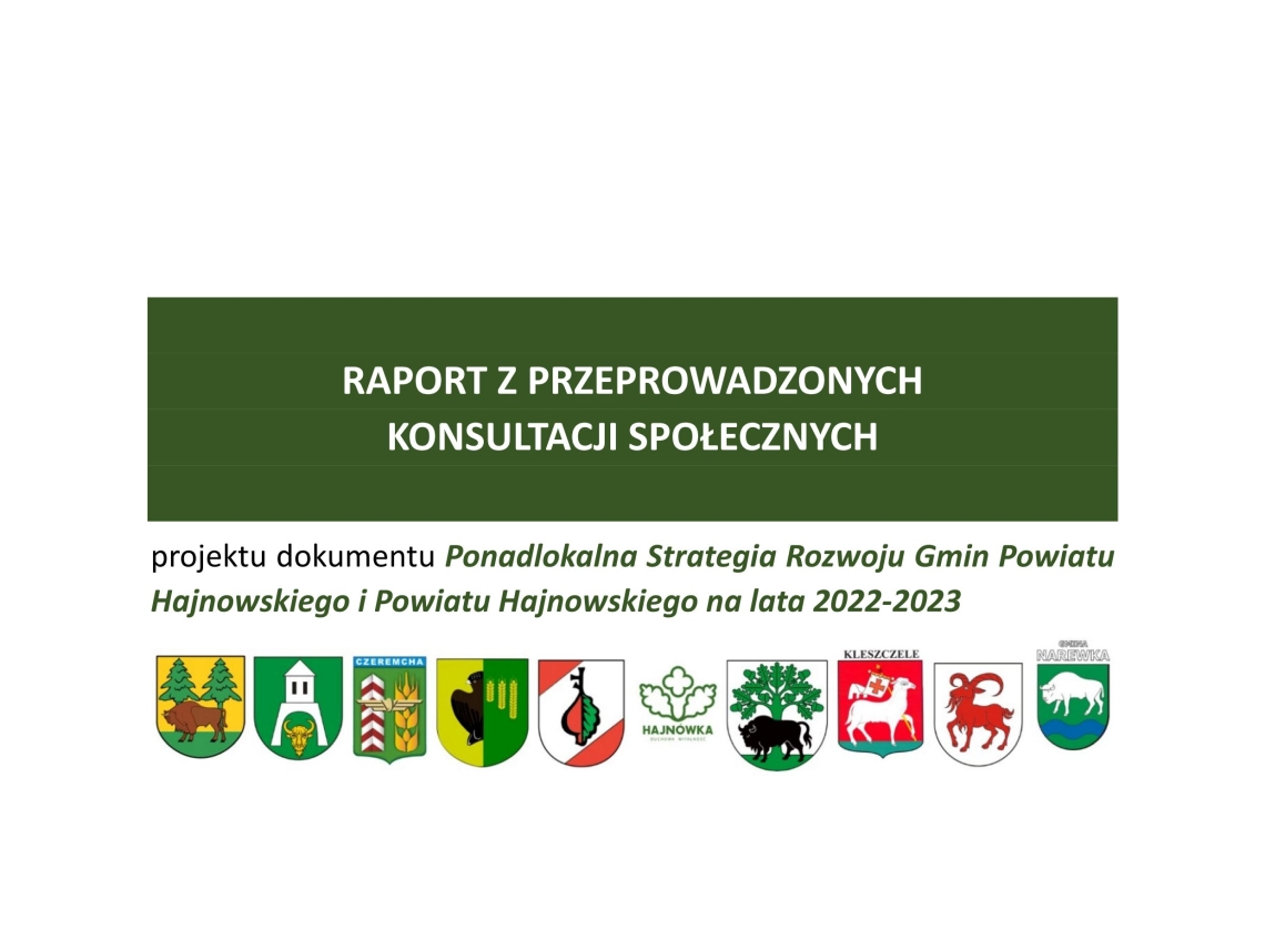 na ciemnozielonym pasku napis Raport z przeprowadzonych konsultacji społecznych, pod nim nazwa dokumentu, logotypy 10 jednostek samorządu terytorialnego