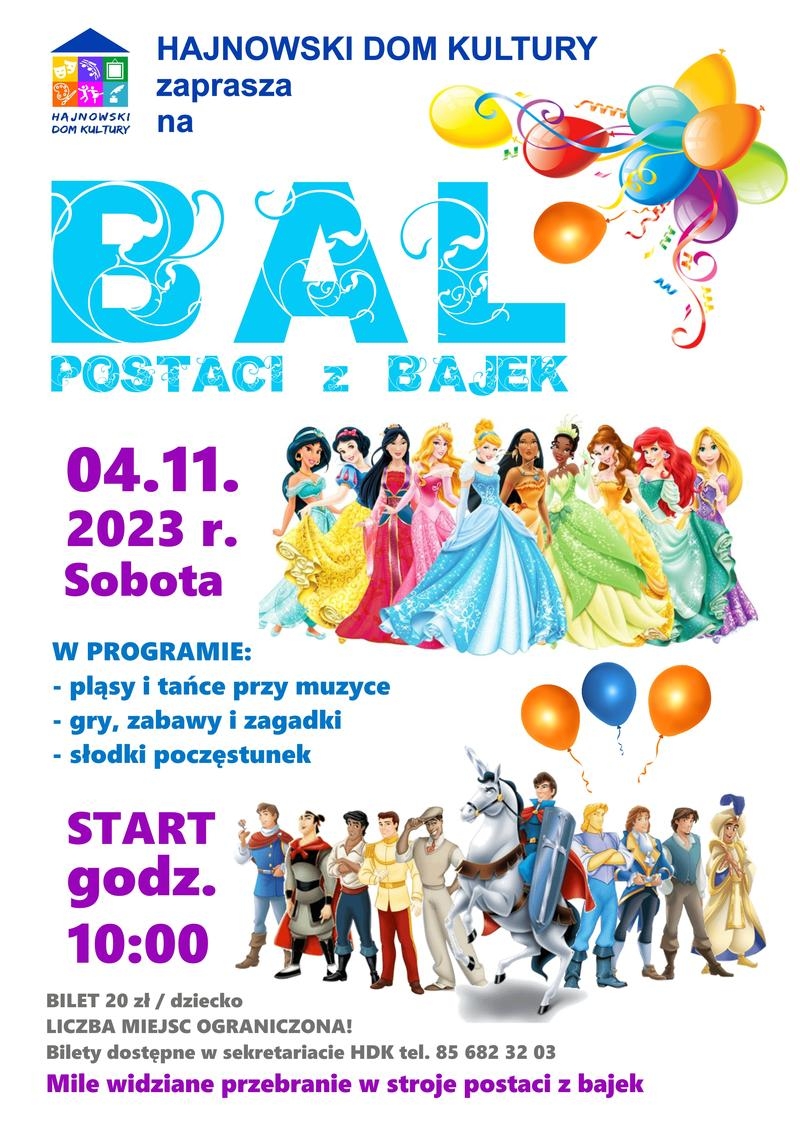 grafika postaci bajkowych, logo organizatora oraz informacje o wydarzeniu