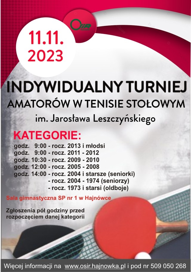 grafika zwiazana z tenisem stołowym, logo organiazatora oraz informacje o wydarzeniu