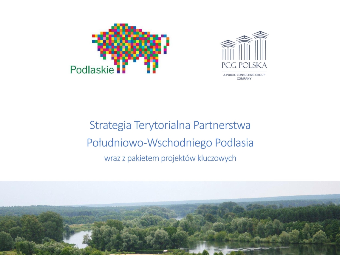 na białym tle po środku zdjęcie przedstawiające zielony krajobraz nad nim logo Województwa Podlaskiego i firmy wykonującej dokument, po nimi nazwa Strategia Terytorialna Partnerstwa Południowo-Wschodniego Podlasia wraz z pakietem projektów kluczowych