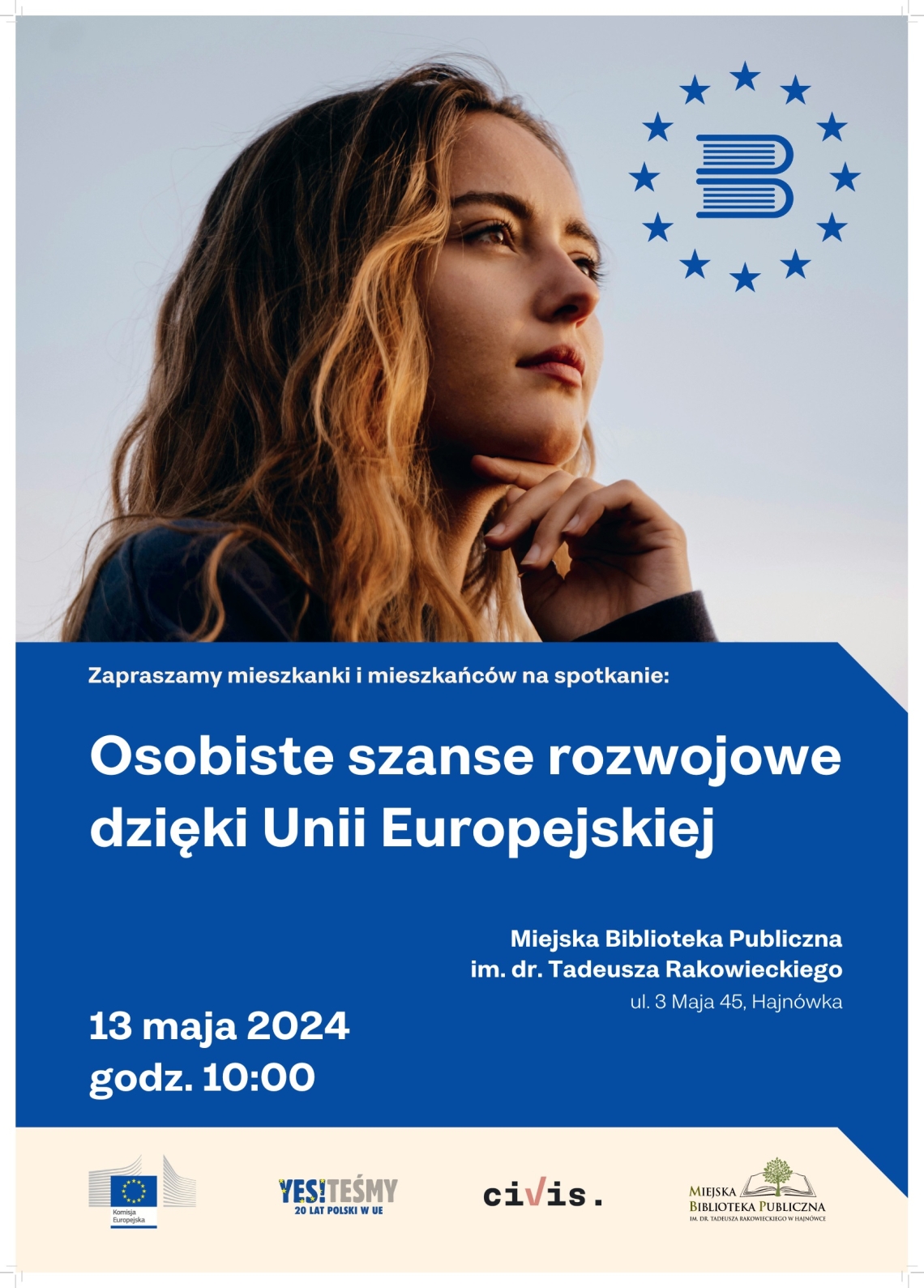 plakat spotkania, u góry zdjęcie kobiety, niżej na niebieskim tle informacje o wydarzeniu