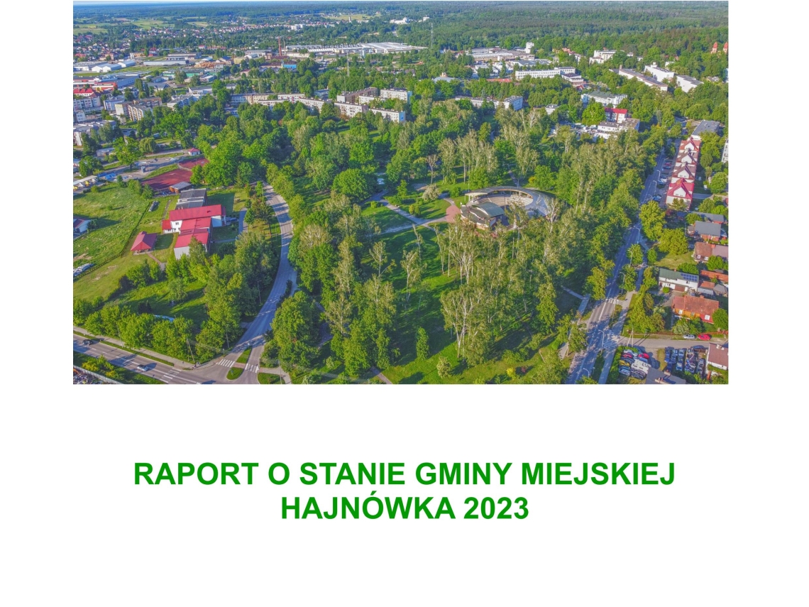 u góry logo miasta, poniżej zdjęcie z góry przedstawiające miasto oraz napis Raport o stanie Gminy Miejskiej Hajnówka 2023