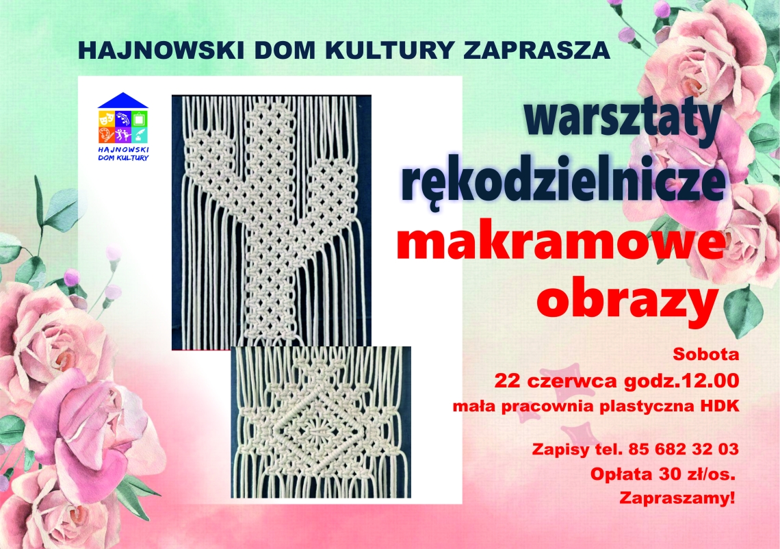 plakat wydarzenia w pastelowych barwach, z dwo zdjęciami pram wykonanych w technice makramy