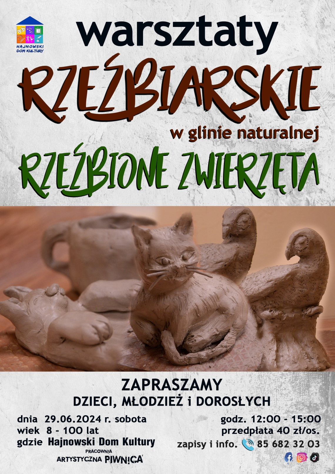 plakat wydarzenia, w centrum zdjęcie figur z gliny oraz informacje o warsztatach 