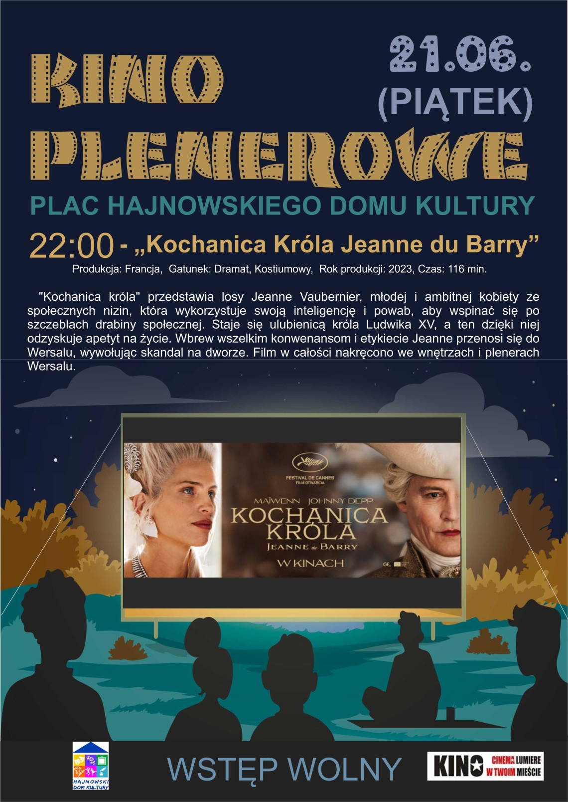 plakat wydarzenia, na ciemnym tle informacje o kinie, kadry z filmu oraz grafika widowni z ludźmi