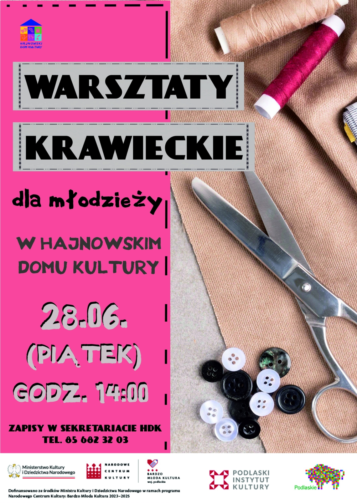 plakat wydarzenia z informacjami o warsztatach i zdjęciem przyrządów krawieckich