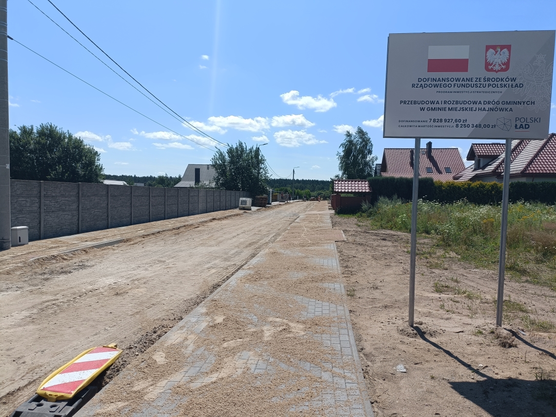 zdjęcie trwajacej inwestycji drogowej wraz z tablicą informacyjną o dofinansowaniu