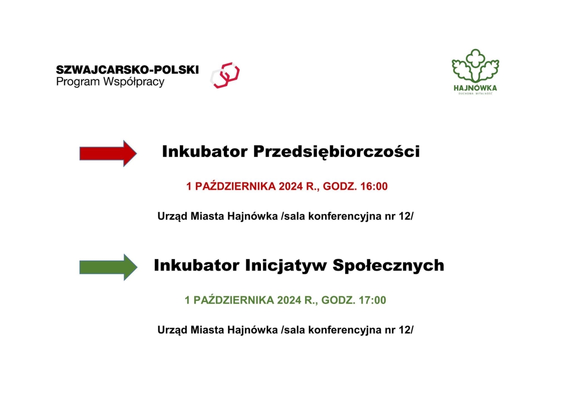 plakat z informacjami o spotkaniach oraz logo funduszy szwajcarskich i miasta Hajnówka