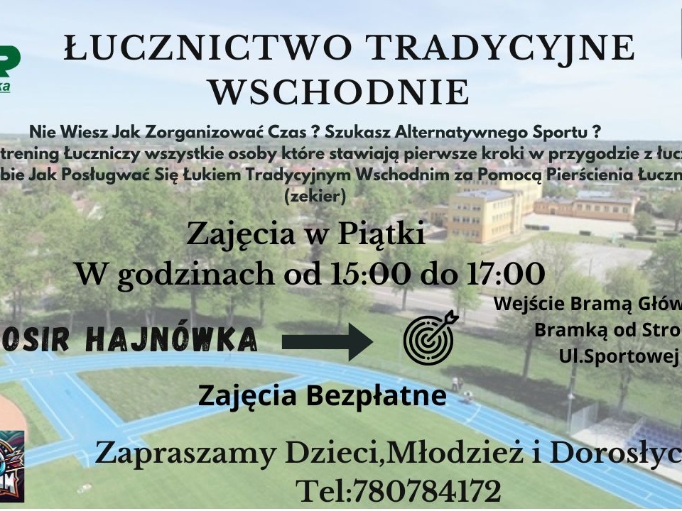 plakat zapowiadający zajęcia z informacjami na tle zdjęcia stadionu miejskiego