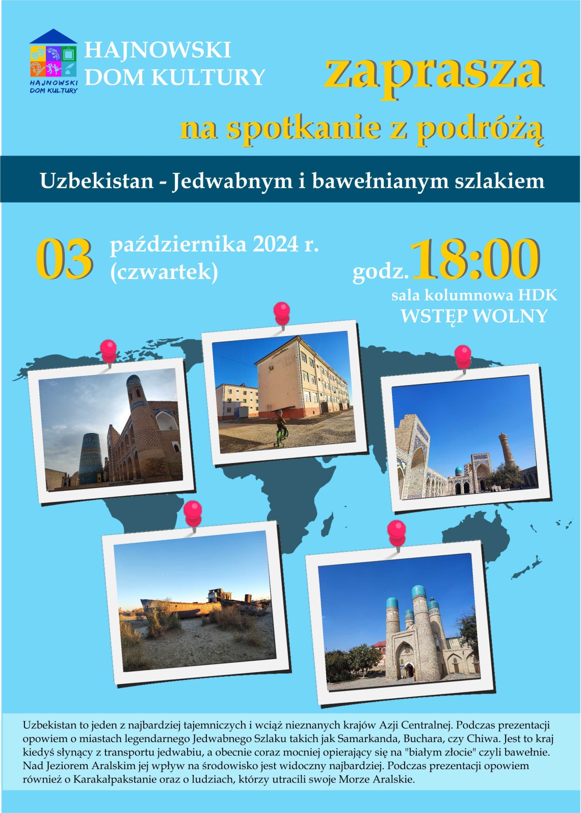 na błękitnym tle zdjęcia z Uzbekistanu i informacje o wydarzeniu