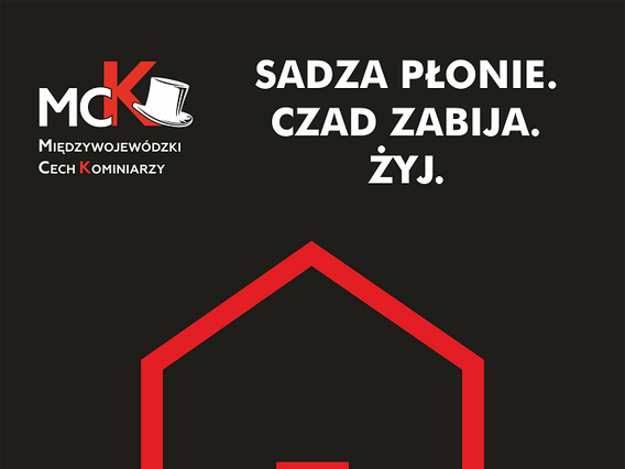 Na czarnym plakacie znajdują się czerwone kontury domu oraz hasło przewodnie i loga patronów i organizatorów kamapnii