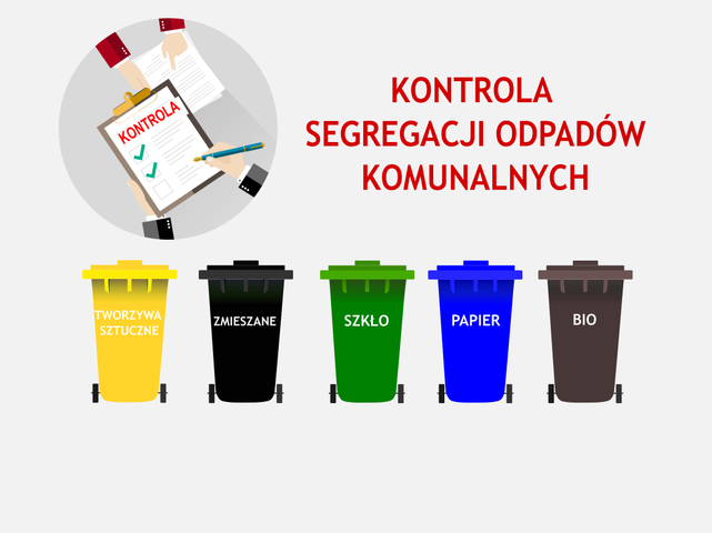 grafika wypełnianych dokumentów. Dwie karty, jedna z czerwonym napisem KONTROLA. POd spodem pięć kolorowych koszy na odpady
