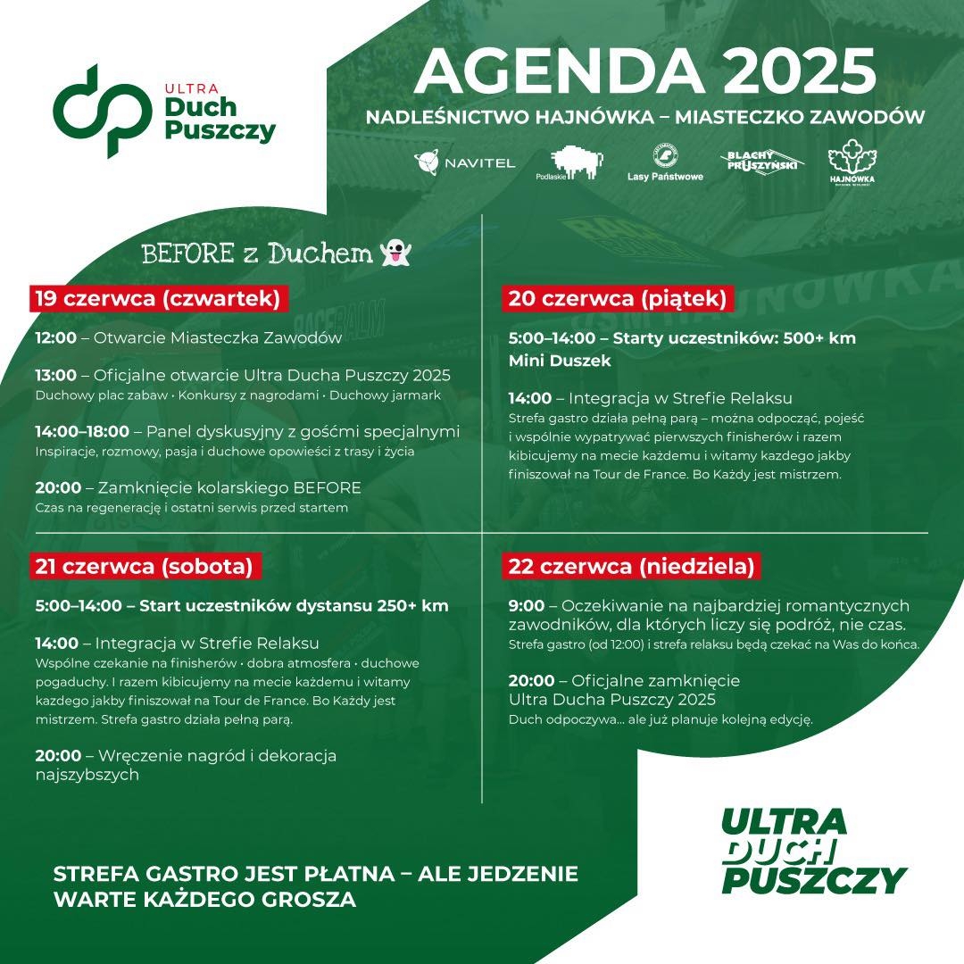 biało zielony plakat z nazwą wydarzenia oraz programem na cztery dni