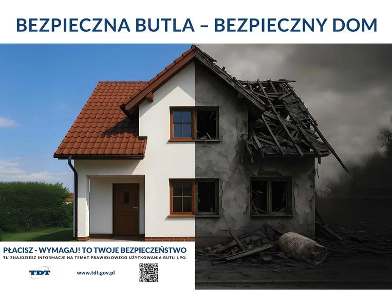 grafika domu podzielonego na pół (prawa strona przedstawia dom po wybuchu gazu)
