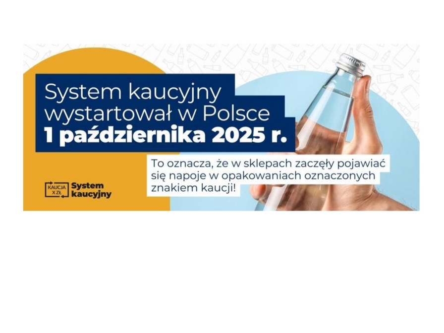 baner system kaucyjny Grafika butele plastukowych oraz napisy System kaucyjny obowiązuje od października 2025 roku