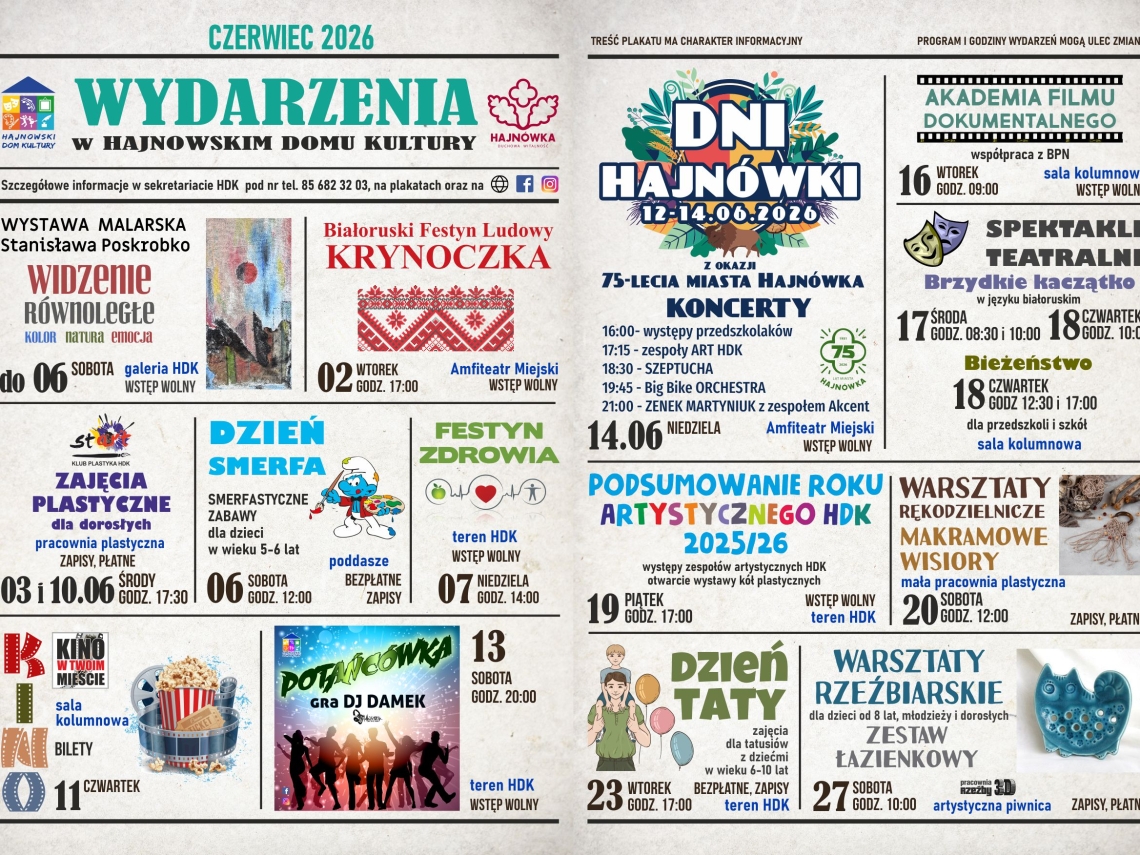 informacje o wydarzeniu, logo organizatora, grafika tematyczna