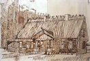 grafika przedstawiająca starą wiejską drewnianą chatę