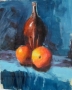 portret: na stole stoi wysoki dzban, obok niego leżą dwie duże pomarańcze