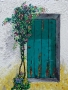 akwarela przedstawiają drzwi, ktore z jednej strony oplata kwitnący krzak