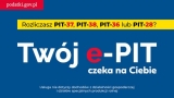 Na niebieskim tle widnieją napisy: Rozliczasz PIT-37, PIT-38, PIT-36 lub PIT- 28? Twój e-PIT czeka na ciebie. Usługa nie dotyczy dochodów z działalności gospodarczej i działów specjalnych produkcji rolnych. podatki.gov.pl