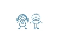 z lewej strony grafika dziewczynki z prawej chłopca w kolorze niebieskim