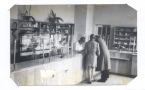 skan czarno-białego zdjęcia; na zdjęciu wnętrze apteki; przy kontuarze farmaceutka i dwoje klientów